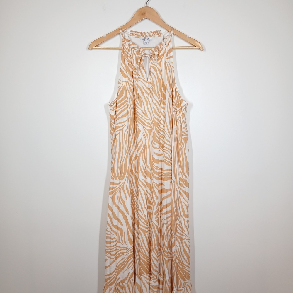 Nine West Women's L Tan White Zebra Print Halter Neck Maxi Dress Tie Keyhole